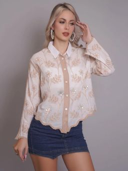 ANNY - Women Beige Chain Stitch Embroidered Shirt