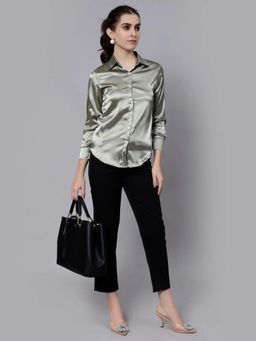 ANNY - Women Green Elegant Ribbon Satin Shirt