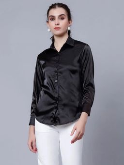 ANNY - Women Black Elegant Ribbon Satin Shirt