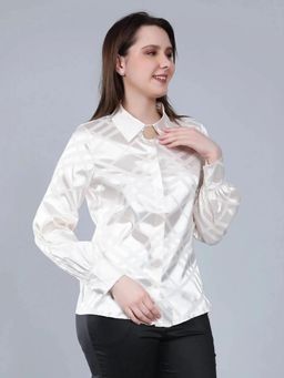ANNY - Women Off White Geometrical Texture Satin Shirt