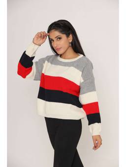 KASMA - Stylish Oversized Red And Black Drop Shoulders Woollen Sweaters For Women