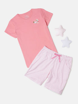 Jockey - RG11 Girls Cotton T-Shirt and Printed Shorts Set - White-Flamingo Pink