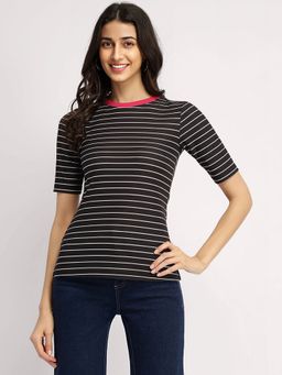 FableStreet - Striped Crew Neck T-Shirt - Black