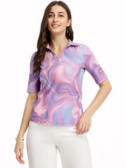 FableStreet - Marble Print Polo T-Shirt - Lavender
