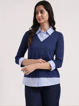 FableStreet - Women Navy Blue Collar Style T-Shirt