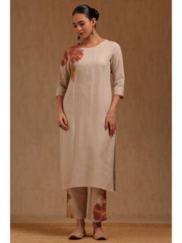 Soch - Womens Beige Linen Botanical Print Kurta and Pant