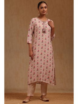 Soch - Womens Peach Muslin Floral Print Kurta Faux Mirror