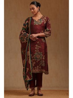 Soch - Womens Wine Muslin Kalamkari Print Kurta Pant and Dupatta