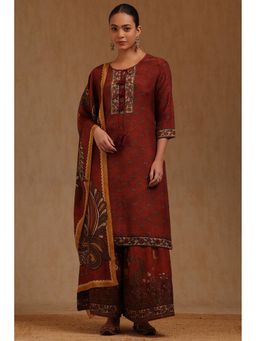 Soch - Womens Rust Muslin Kalamkari Print Kurta Palazzo and Dupatta