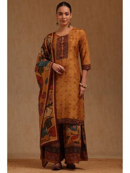 Soch - Womens Mustard Muslin Kalamkari Print Kurta Palazzo and Dupatta
