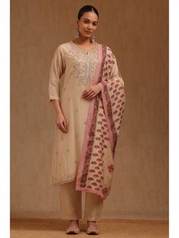 Soch - Womens Beige Chanderi Embroidered Kurta Pant and Dupatta