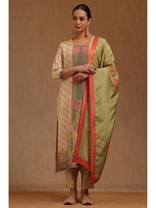Soch Womens Beige Brocade Ethnic Motifs Kurta Pant and Dupatta