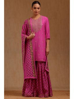 Soch - Womens Fuchsia Chanderi Embroidered Kurta Sharara and Dupatta