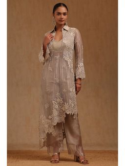Soch - Womens Silver Tissue Embroidered Kurta with Crop Top and Pant