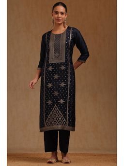 Soch - Womens Navy Blue Russian Silk Zari Woven Kurta with Pant