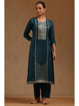 Soch - Womens Teal Russian Silk Zari Woven Kurta and Pant