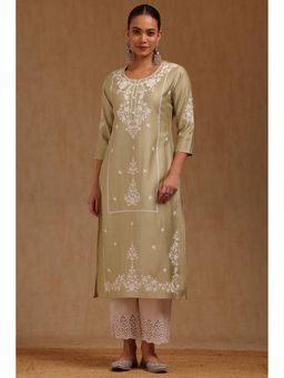 Soch - Womens Sap Green Gadwal Embroidered Kurta Thread Work