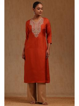 Soch - Womens Rust Dola Silk Embroidered Kurta