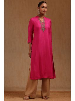 Soch - Womens Fuchsia Dola Silk Embroidered Kurta Stone Work