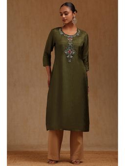 Soch - Womens Olive Dola Silk Kurta Beads and Stones