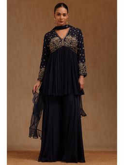 Soch - Womens Navy Blue Chinon Embroidered Kurta Sharara and Dupatta