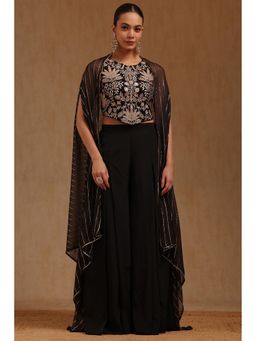 Soch - Womens Black Dupion Silk Embroidered Crop Top, Palazzo, Unstitched Sleeves with Shrug