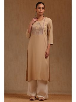 Soch - Womens Beige Rayon Embroidered Kurta with Zari