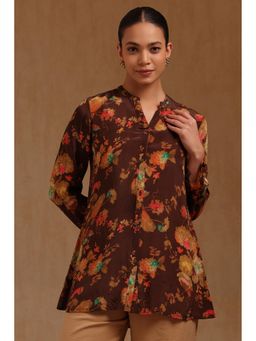 Soch - Womens Brown Crepe Botanical Print Shirt