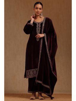 Soch - Womens Wine Velvet Embroidered Kurta Pant and Dupatta