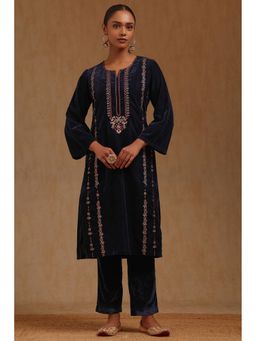 Soch - Womens Navy Blue Velvet Embroidered Kurta and Pant