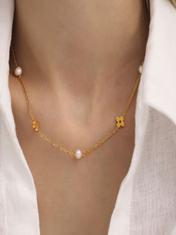 AQUASTREET - Clover and Pearl Charm Necklace 18K Gold Plated Waterproof Anti-Tarnish