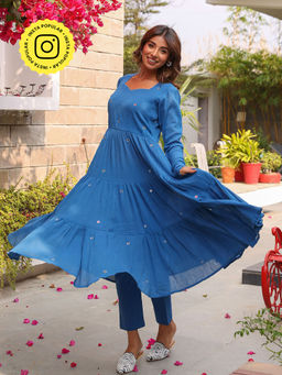 Bud & Tulip - Hand Embroidered Blue Adhya Anarkali Kurta Pant and Dupatta (Set of 3)