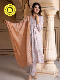 Bud & Tulip - Grey Ragini Kurta with Pant and Dupatta (Set of 3)