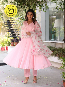 Bud & Tulip - Pink Sundari Anarkali Kurta Pant and Dupatta (Set of 3)