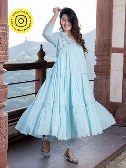 Bud & Tulip - Turq Mayera Anarkali Kurta Pant and Dupatta (Set of 3)