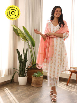 Bud & Tulip - Floral Printed Embroidered Wrap Angarkha Kurta Pant and Dupatta (Set of 3)