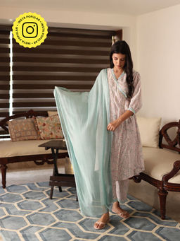 Bud & Tulip - Hand Crafted Pastel Ambi Wrap Angarkha Kurta Pant and Dupatta (Set of 3)