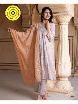 Bud & Tulip - Grey Ragini Kurta with Pant and Dupatta (Set of 3)