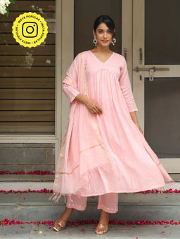 Bud & Tulip - Pink Manushi Anarkali Kurta with Pant and Dupatta (Set of 3)