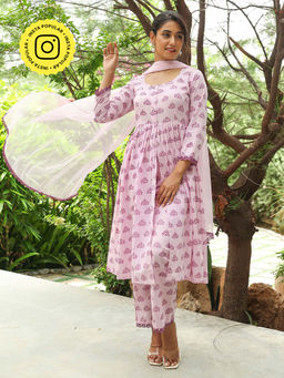 Bud & Tulip - Pink Happy Printed Anarkali Kurta with Pant and Dupatta (Set of 3)