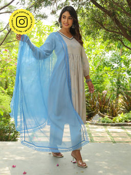 Bud & Tulip - Shobhna Grey Anarkali Kurta with Pant and Dupatta (Set of 3)