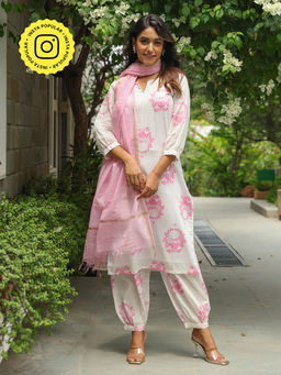 Bud & Tulip - White Pink Lotus Straight Kurta with Salwar and Dupatta (Set of 3)