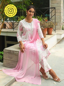 Bud & Tulip - White Pink Lotus Arunima Kurta with Pant and Dupatta (Set of 3)