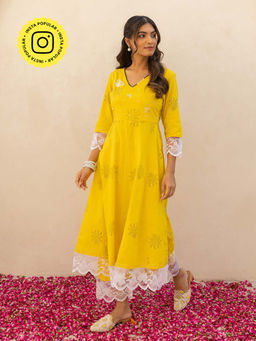 Bud & Tulip - Basanti Yellow Anarkali Kurta with Pant and Dupatta (Set of 3)