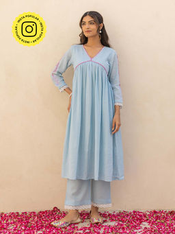 Bud & Tulip - Sky Manushi Anarkali Kurta with Palazzo and Dupatta (Set of 3)