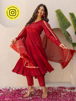 Bud & Tulip - Red Rose Red Anarkali Kurta with Pant and Dupatta (Set of 3)