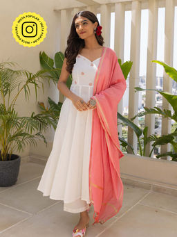Bud & Tulip - Hand Embroidered White Gaurai White Kurta with Palazzo and Dupatta (Set of 3)