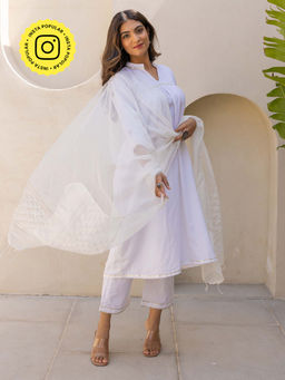 Bud & Tulip - Urvi White Kurta with Palazzo and Dupatta (Set of 3)