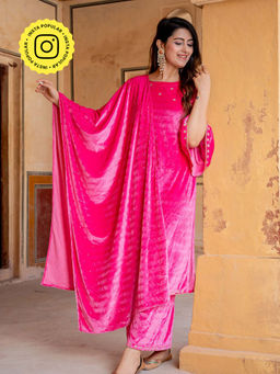 Bud & Tulip - Akashi Velvet Pink Kurta with Palazzo and Dupatta (Set of 3)