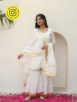 Bud & Tulip - White Aarya Sharara with Kurti with Dupatta (Set of 3)